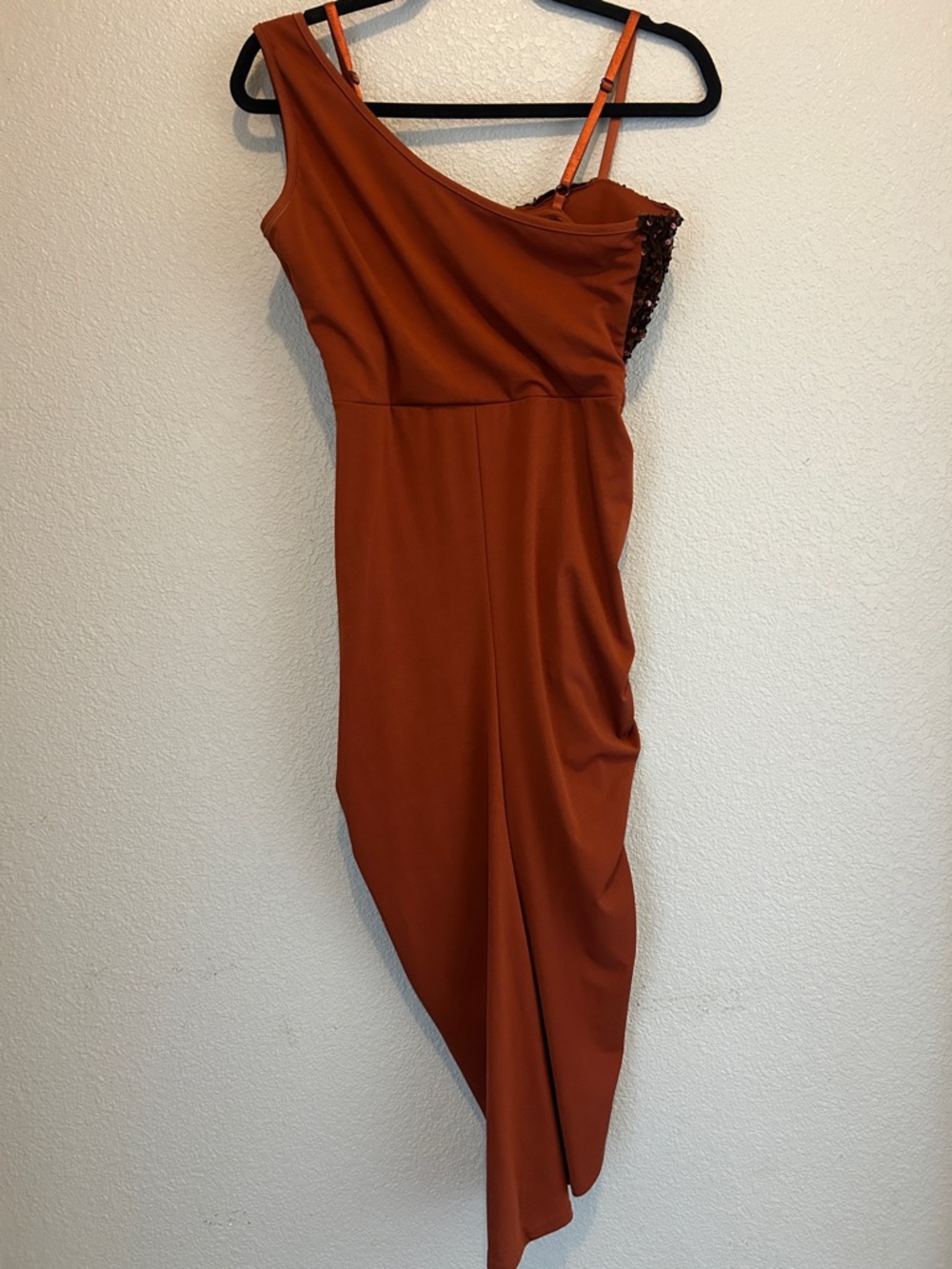 Rust One-Shoulder Sequin Bodice Draped Evening Dress size S worn once - Picture 4 of 7
